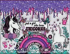 an image of unicorns in the background with pink and purple paint drips on them