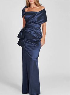 Sheath/Column Off-the-Shoulder Floor-Length Mother of the Bride Dresse - Mondressy Mother Of The Groom Dresses Navy, Mother Of The Bride Gown Classy, Evening Dresses For Older Women, Gazar Gown, Mother Of The Bride Gowns, Asymmetrical Gown, Mob Dress, Gown Designs, Teri Jon