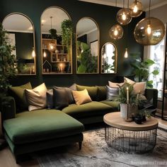 a living room filled with lots of green couches and mirrors on the wall above them