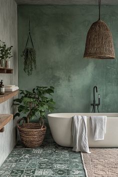 a bath tub sitting next to a plant in a bathroom under two hanging baskets on the wall