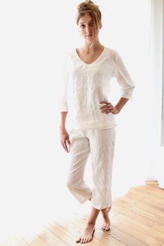 Introducing our handcrafted stonewashed linen pajamas, made with the highest quality linen in Latvia.  These pajamas feature a top with 3/4 length sleeves and pants with a comfortable carry length, making them perfect for lounging at home.  Available in a variety of colors, these pajamas are sure to complement any style.  Each piece is individually made, ensuring that each set is unique and one-of-a-kind.  Experience the luxury of linen with these breathable, soft and comfortable pajamas. Perfec Linen Pajama Set, Linen Sleepwear, Womens Pajama, Linen Pajamas, Pyjama Sets, Comfortable Pajamas, House Clothes, Couture Mode, Womens Pyjama Sets