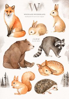 the woodland animals are depicted in this watercolor painting