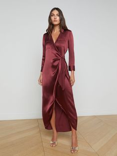 L'AGENCE - Kadi Silk Wrap Dress in Dark Wine Silk Wrap Dress, Jumpsuit And Blazer, Silk Wrap Dresses, Knit Denim, Swimwear Dress, Velvet Lace, Silk Wrap, Silk Charmeuse, Denim Coat