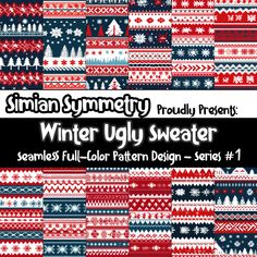 the winter ugly sweater pattern is shown in red, white and blue