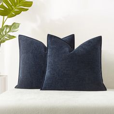 two blue pillows sitting on top of a white couch next to a potted plant