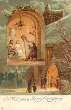 an old fashioned christmas card with people playing musical instruments