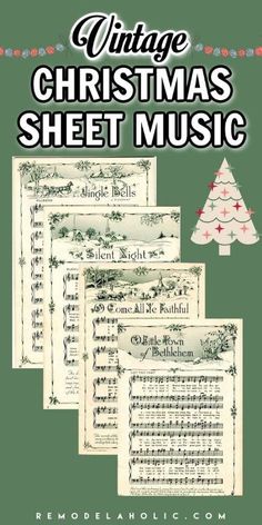 the vintage christmas sheet music is shown in four different styles and sizes, with text overlay