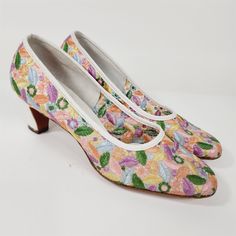 Vintage Serenades by Florsheim Floral Emboroidered Colorful Heels Size 7.5 B Multicolor Heels For Spring Formal Events, Floral Embroidery Heels For Summer, White Embroidered Heels For Spring, Spring White Embroidered Heels, White Floral Embroidery Heels, Embroidered Low Heel Spring Heels, Low Heel Embroidered Heels For Spring, White Heels With Floral Embroidery, Spring Embroidered Fitted Heels