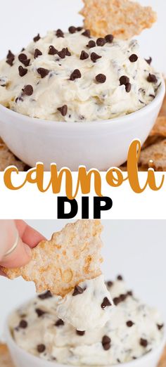 the dip has chocolate chips in it and is ready to be eaten with crackers