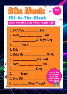 an orange sheet with the words 80s music fill in the blank