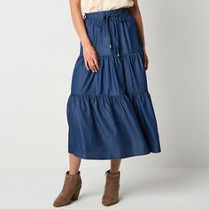 This women's mid-rise chambray maxi skirt by Frye and Co. is the perfect lightweight and on-trend essential to add to your collection for the warmer months. Made from a recycled woven blend, it has an elastic-drawstring waist and tiered skirt layers. Style it with a tank top, tee or shirt. Front Style: Flat FrontClosure Type: Full Elastic, DrawstringRise: Mid RiseApparel Length: 33 InchesFiber Content: 65% Tencel Lyocell, 23% Recycled Polyester, 12% CottonLining: UnlinedSkirt Length: Long Length Maxi Skirts, Skirt With Cowboy Boots, Skirt Layers, Maxi Skirt Blue, Small Skirts, Long Jean Skirt, Womens Maxi Skirts, Skirts Maxi, Jean Skirt