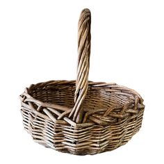 a wicker basket with a long handle