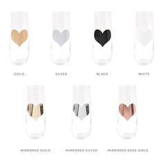 the different types of wine glasses with gold, silver, and black hearts on them