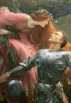 a painting of two people dressed in armor and one is touching the other's forehead