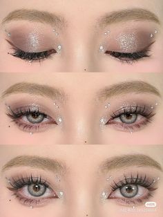 Festival Eye Gems, Makeup For Beige Outfit, Jeweled Makeup Looks, Make Up With Strass Glitter, Rhinestone Face Makeup, Makeup Strass Eye, Strass Makeup Eyes, Pearl Makeup Looks, Pearl Eye Makeup