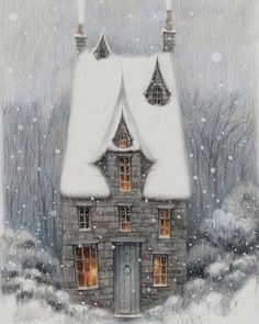 a drawing of a house in the snow with two candles on it's windows