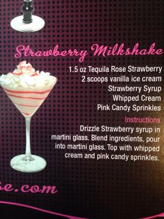 the menu for strawberry milkshake is shown in pink and white stripes on black