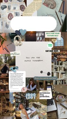 the collage has many different pictures and words on it, including an open laptop