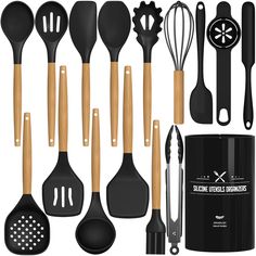 kitchen utensils and cooking tools are shown in this image