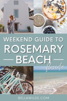 a woman standing in front of a white building with the words weekend guide to rosemary beach florida