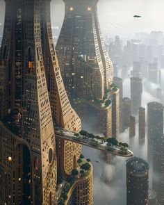 an aerial view of a futuristic city with skyscrapers