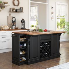 a kitchen island with wine rack in the middle