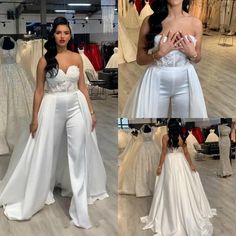 the woman is posing in her white wedding gown and matching with other dresses on display