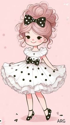 a girl with pink hair wearing a white dress and black bow