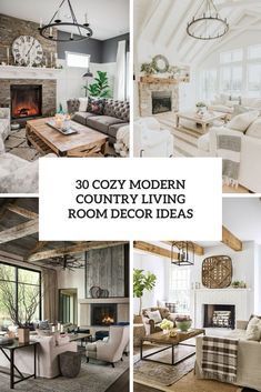 the collage shows different rooms with couches, chairs and fireplaces in them