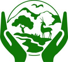 two hands holding a green globe with trees and animals in the middle, against a white background