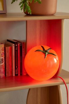 an orange tomato sitting on top of a wooden shelf