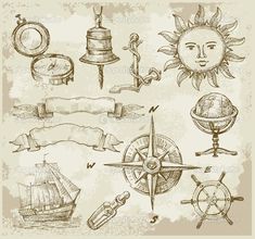 an old paper with various items for travel on it, including compass and other things