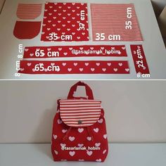 the bag is red and white with hearts on it