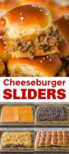 cheeseburger sliders are stacked on top of each other