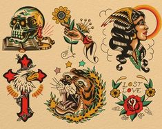 an assortment of tattoo designs on paper