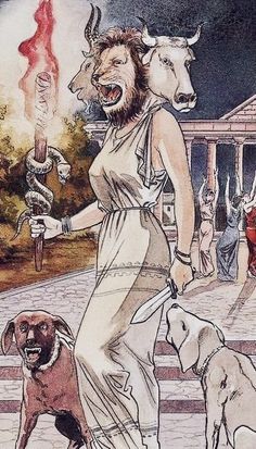 a drawing of a woman with two dogs and an animal in front of her, surrounded by other animals