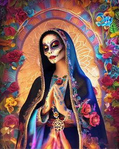 a painting of a woman in day of the dead makeup