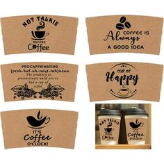 four coffee cups with different designs on them and the words happy written in each cup