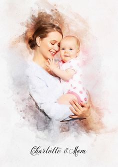 a woman holding a baby in her arms with the words linda and ella on it