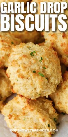 garlic drop biscuits stacked on top of each other with the words garlic drop biscuits above it