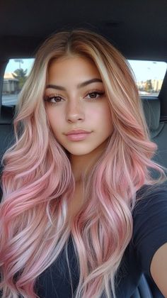 Blonde Hair And Colored Highlights, Rose Gold Hair With Blonde Highlights, Blonde Highlights With Pink Tips, Long Hair With Pink Highlights, Blonde Pink And Purple Hair, Honey Blonde Hair With Pink Highlights, Blonde Hair With Pink Undertones, Yellow Blonde Hair With Highlights, Bubblegum Pink Highlights