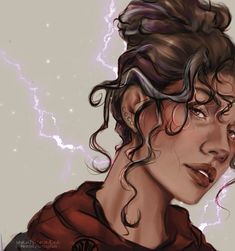 a drawing of a woman with curly hair and lightning in the background, looking to her left