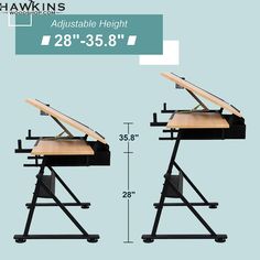 two standing desks are shown with the measurements for each table and one has an adjustable height