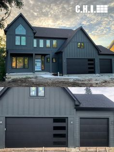 before and after photos of a new home in the hills, including two garages