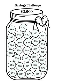 a mason jar filled with coins and labeled savings challenge $ 2, 000 coloring page