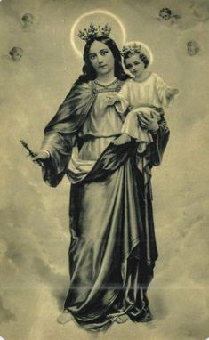 an old black and white photo of the virgin mary holding a baby in her arms