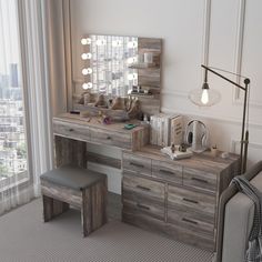 This large makeup vanity is equipped with lights and a charging station, featuring a mirror with 10 LED light bulbs to provide the perfect setting for your beauty routine. Vanity And Work Desk Combo, Vanity Set With Lights, Makeup Vanity With Lights, Vanity With Lights, Makeup Vanity Lighting, Makeup Vanity Set, Vanity Table Set, Dressing Table Set, Vanity Organization