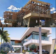 two pictures of a house under construction with palm trees in the foreground