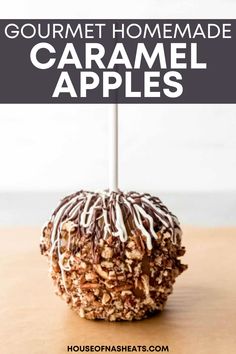 homemade caramel apples with chocolate drizzled on top and white icing