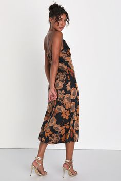 Make the most of any elegant evening by wearing a sensational look like the Lulus Favorite Icon Black Floral Satin Cowl Neck Slip Midi Dress! Luxe woven satin boasts a unique, vintage-inspired floral print throughout as it shapes a sleeveless bodice with a draping cowl neckline and adjustable spaghetti straps. The sexy, slip-style silhouette will effortlessly flatter your figure as it continues down to a sophisticated midi hem. Hidden back zipper/clasp. Fit: This garment fits true to size. Lengt Fall Time Outfits, October Wedding Dresses, Floral Satin Dress, Slip Midi Dress, Lulu Fashion, Cowl Neckline, Photoshoot Outfits, Floral Dress Black, Winter Dresses